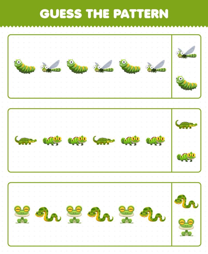 Education game for children guess the pattern each row from cute cartoon caterpillar dragonfly crocodile iguana frog snake printable green animal worksheet vector