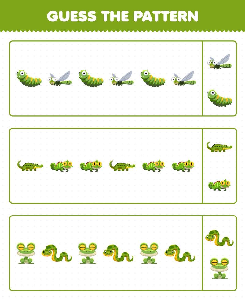 juego educativo para niños adivinar el patrón de cada fila de dibujos animados lindo oruga libélula cocodrilo iguana rana serpiente hoja de trabajo imprimible de animales verdes vector