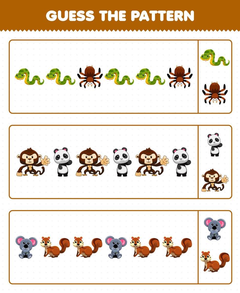 juego educativo para niños adivina el patrón de cada fila de la linda caricatura serpiente araña tarántula mono panda koala ardilla hoja de trabajo imprimible de animales de la selva vector