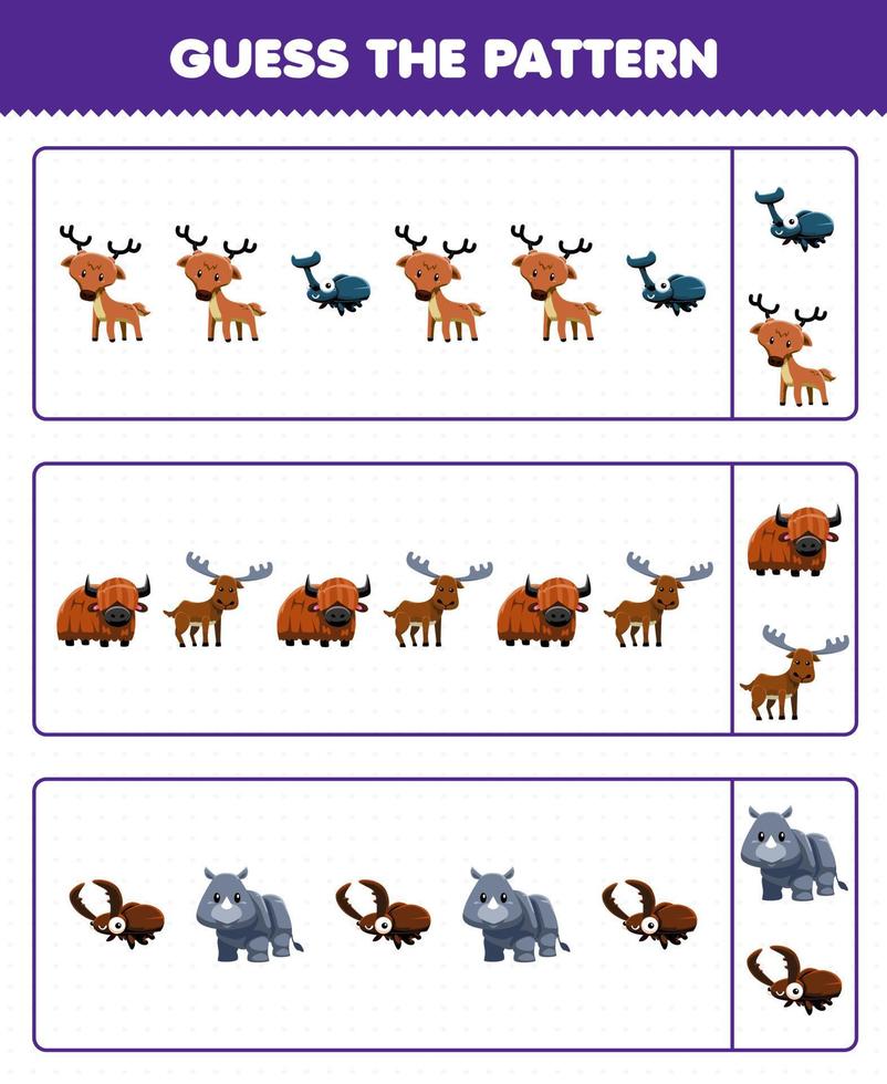 Education game for children guess the pattern each row from cute cartoon deer beetle yak moose rhino printable horn animal worksheet vector