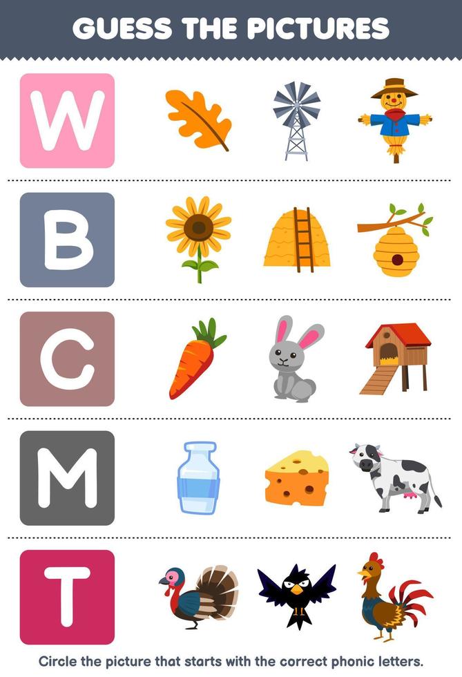Education game for children guess the correct picture for phonic word that starts with letter W B C M and T printable farm worksheet vector