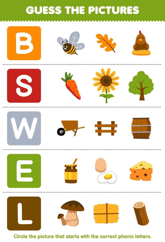 Education game for children guess the correct picture for phonic word that starts with letter B S W E and L printable farm worksheet vector