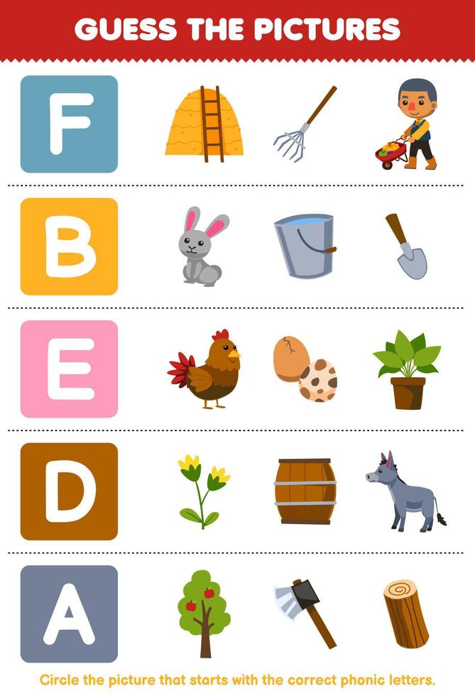 Education game for children guess the correct picture for phonic word that starts with letter F B E D and A printable farm worksheet vector