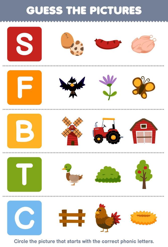 Education game for children guess the correct picture for phonic word that starts with letter S F B T and C printable farm worksheet vector