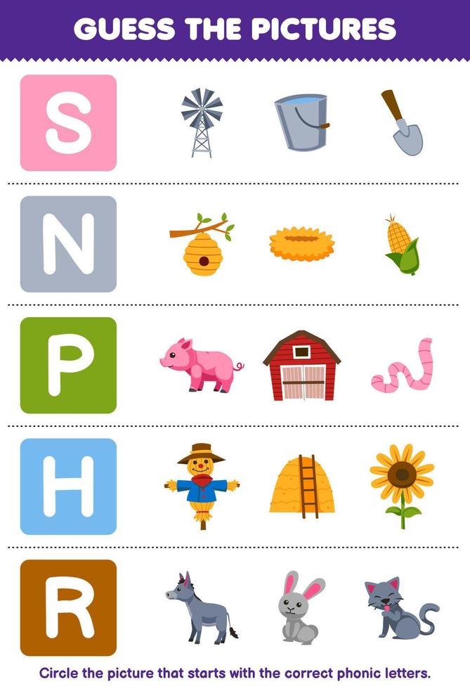 Education game for children guess the correct picture for phonic word that starts with letter S N P H and R printable farm worksheet vector