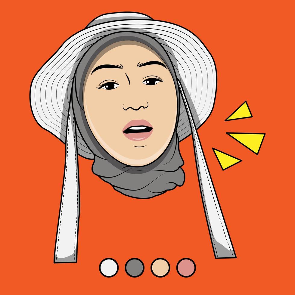 vector illustration of face of a Muslim girl in a hood with a hat with a funny expression