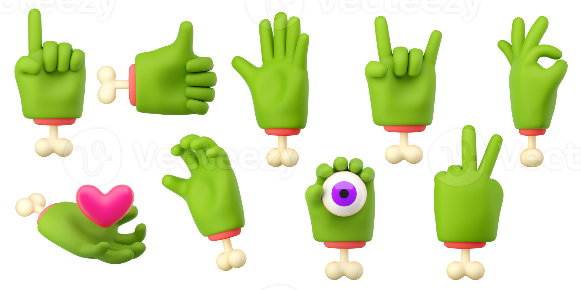 3d zombie hands set in plastic cartoon style. Different fingers  and palm gesture. Green monster Halloween character palms with bones. High quality isolated render png