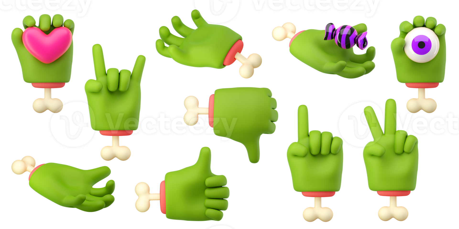 3d zombie hands set in plastic cartoon style. Different fingers  and palm gesture. Green monster Halloween character palms with bones. High quality isolated render png