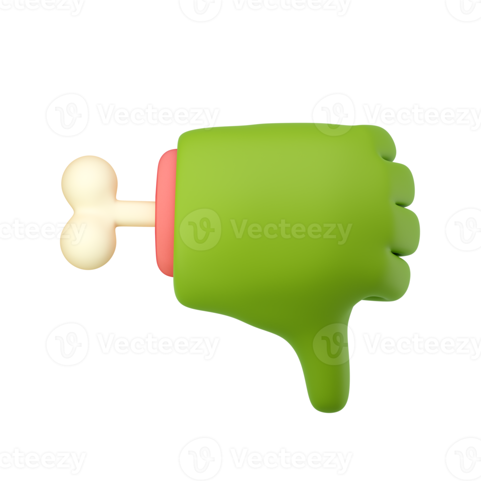 3d zombie hand in plastic cartoon style. Thumb down fingers gesture. Green monster Halloween character palm with bone. High quality isolated render png