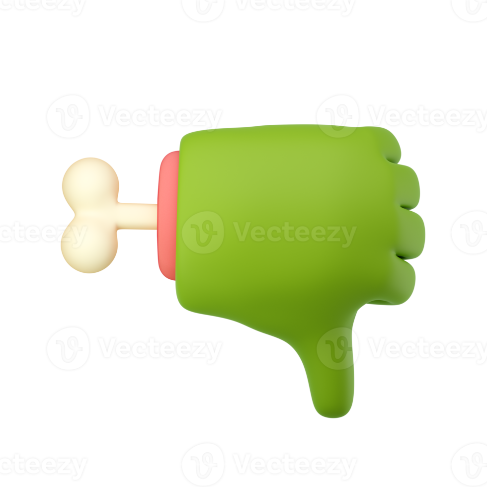mão de zumbi 3D em estilo cartoon de plástico. polegar para baixo gesto dos dedos. palma de personagem de halloween monstro verde com osso. renderização isolada de alta qualidade png