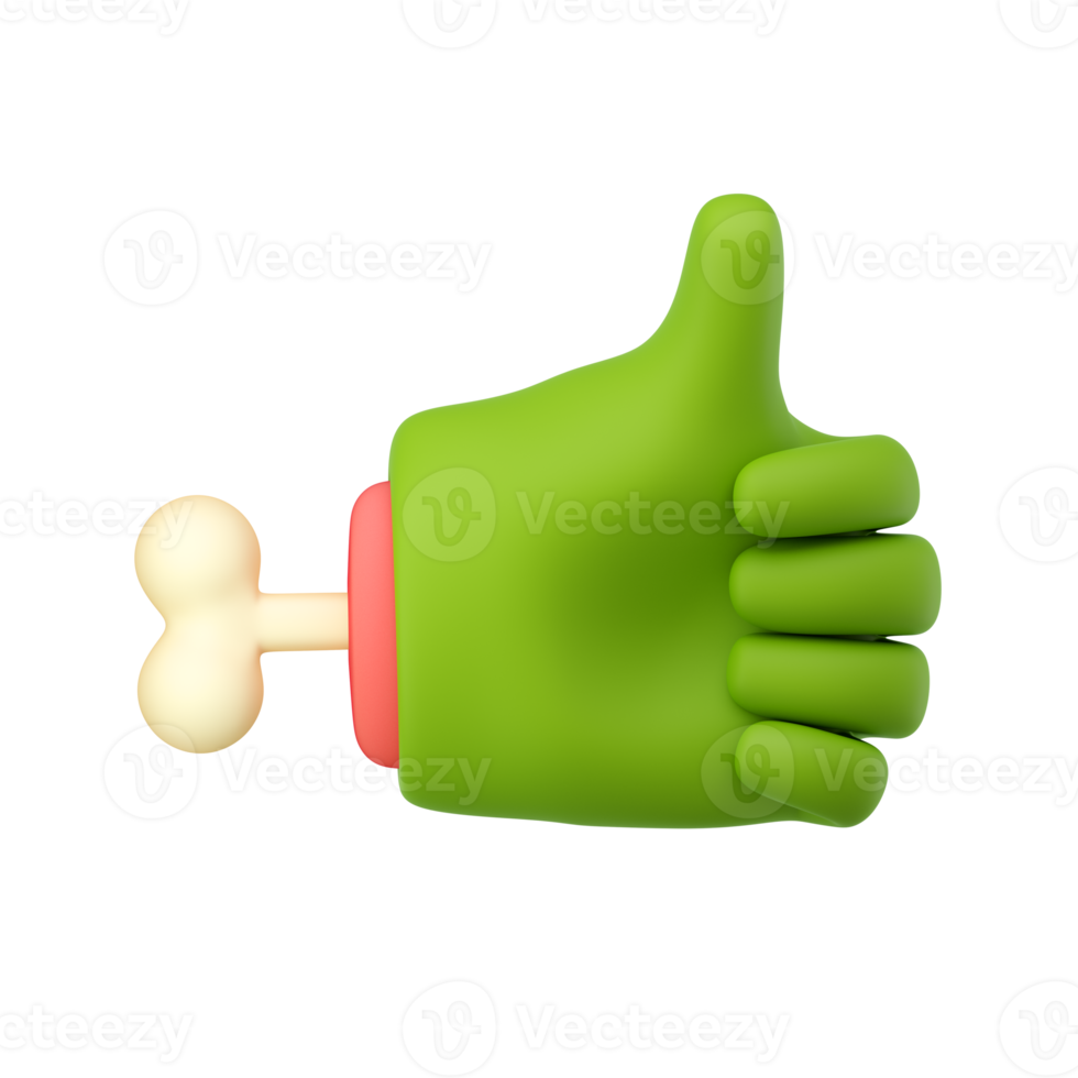 3d zombie hand in plastic cartoon style. Thumb up fingers gesture. Green monster Halloween character palm with bone. High quality isolated render png