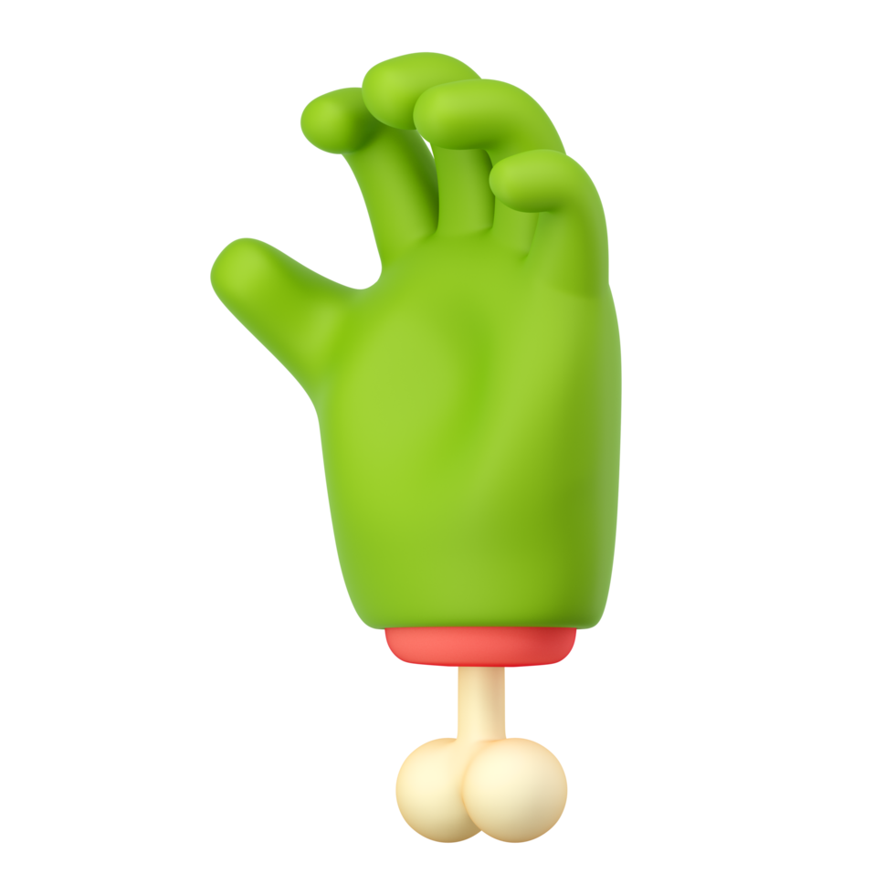 3d zombie hand- in plastic tekenfilm stijl. grijp vingers gebaar. groen monster halloween karakter palm met bot. hoog kwaliteit geïsoleerd geven png