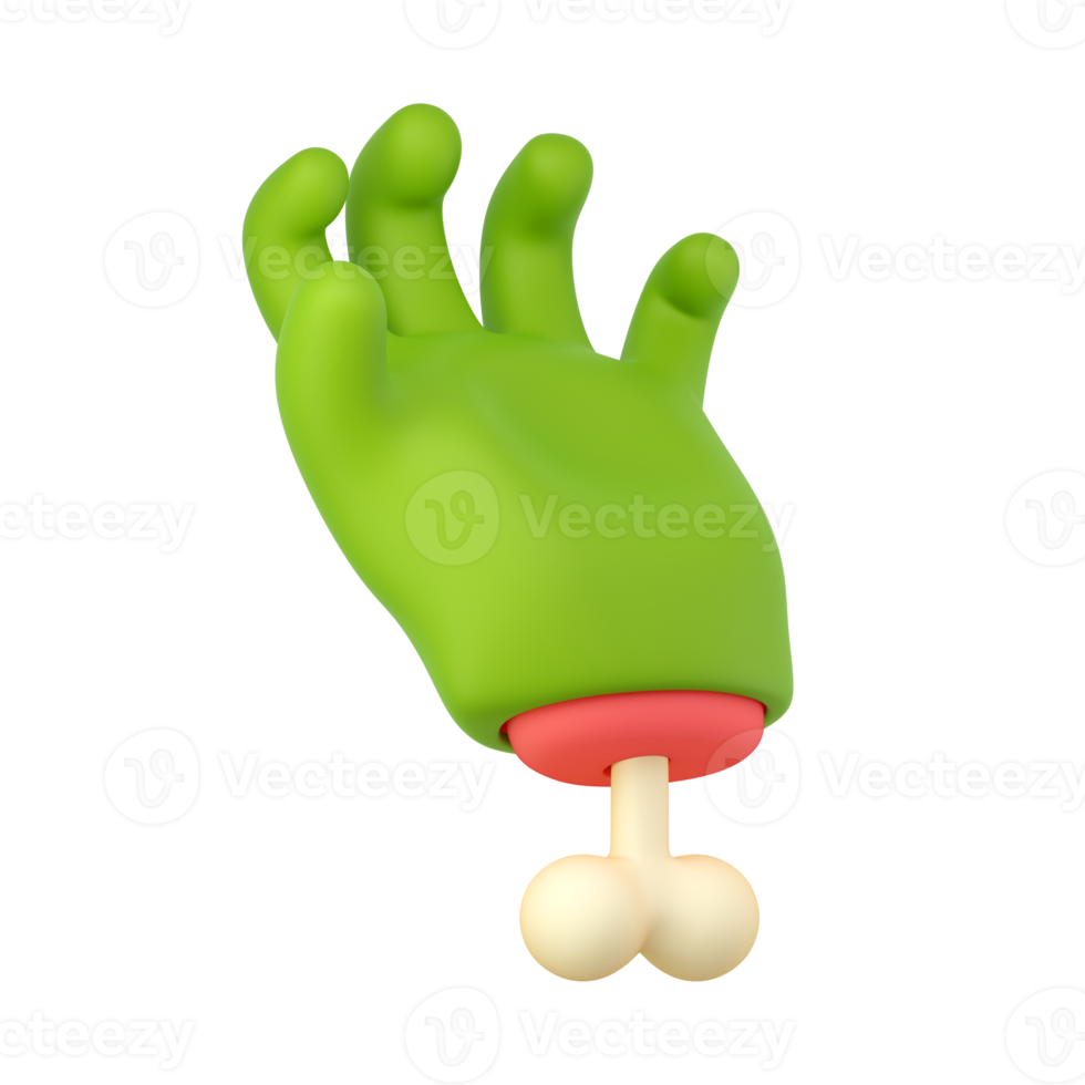 Mano zombie 3d en estilo de dibujos animados de plástico. agarrar el gesto de los dedos. monstruo verde halloween personaje palma con hueso. renderizado aislado de alta calidad png