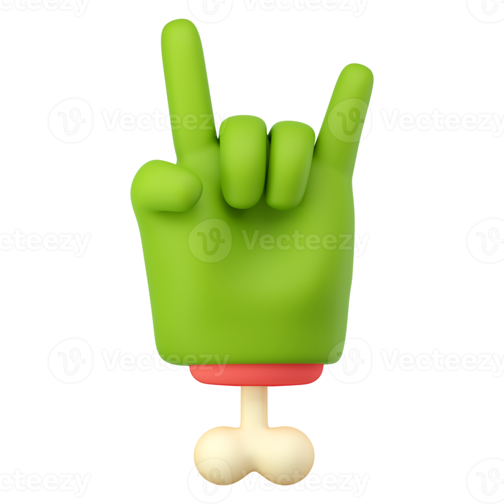 3d zombie hand in plastic cartoon style. Rock fingers gesture. Green monster Halloween character palm with bone. High quality isolated render png