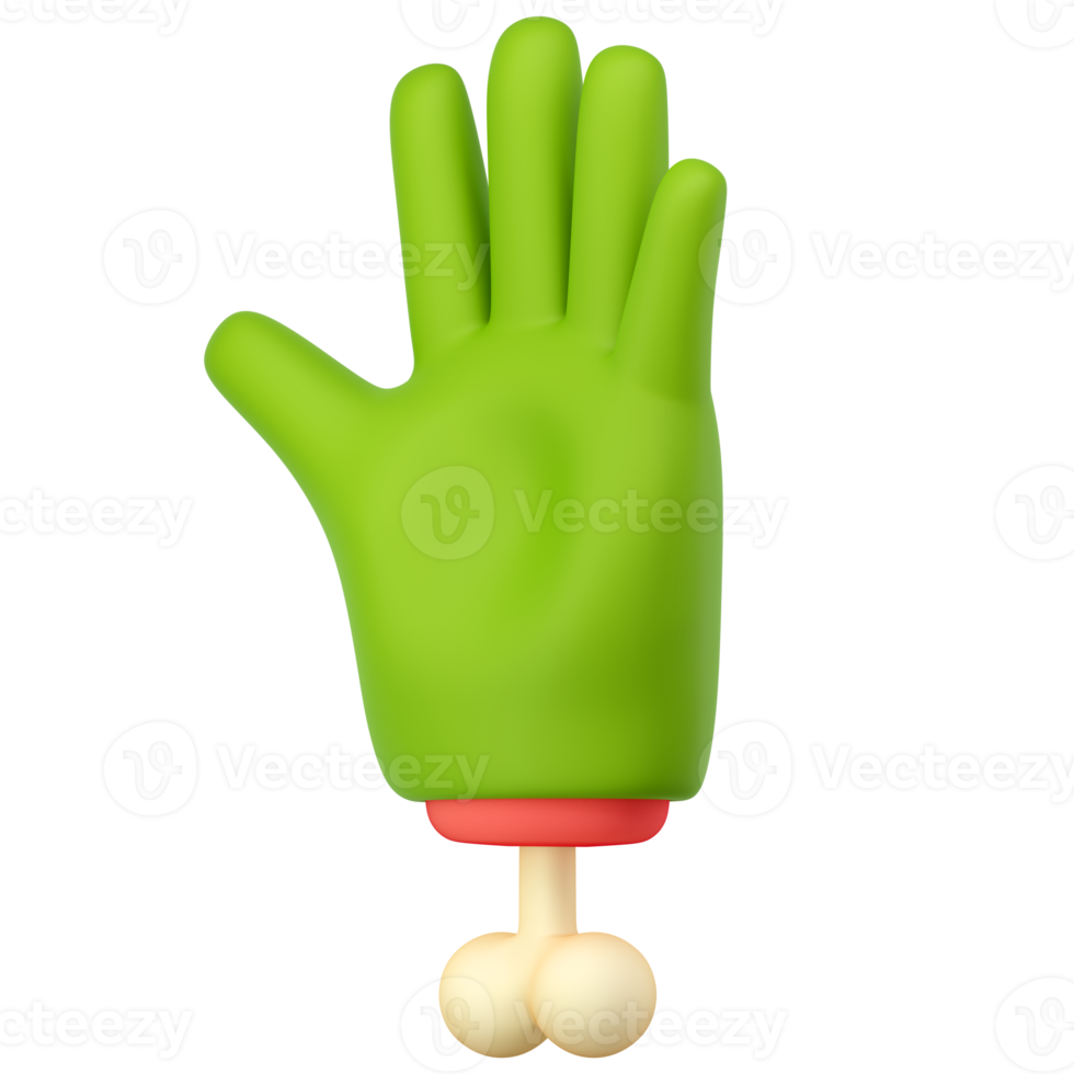 3d zombie hand in plastic cartoon style. Hello open palm gesture. Five fingers. Green monster Halloween character palm with bone. High quality isolated render png