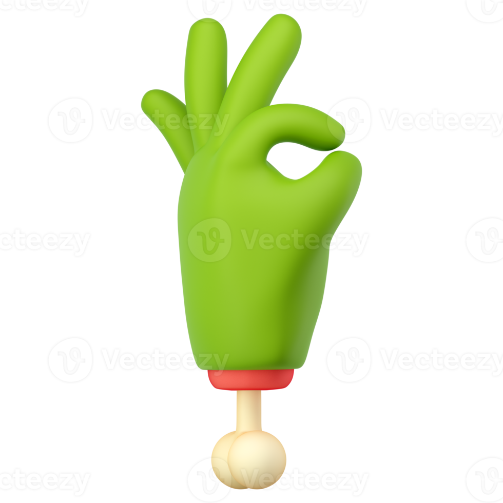 3d zombie hand in plastic cartoon style. Ok fingers gesture. Green monster Halloween character palm with bone. High quality isolated render png