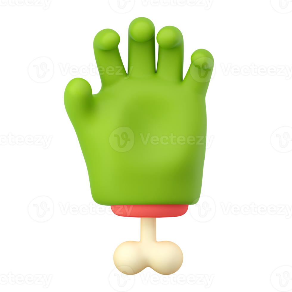 3d zombie mano nel plastica cartone animato stile. afferrare dita gesto. verde mostro Halloween personaggio palma con osso. alto qualità isolato rendere png