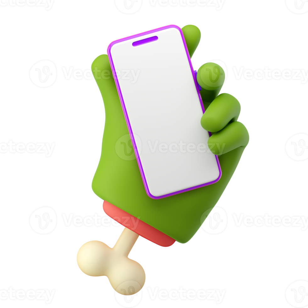 mão de zumbi 3D em estilo cartoon de plástico. palmas de personagem de halloween monstro verde com ossos segurando smartphone violeta. renderização isolada de alta qualidade png