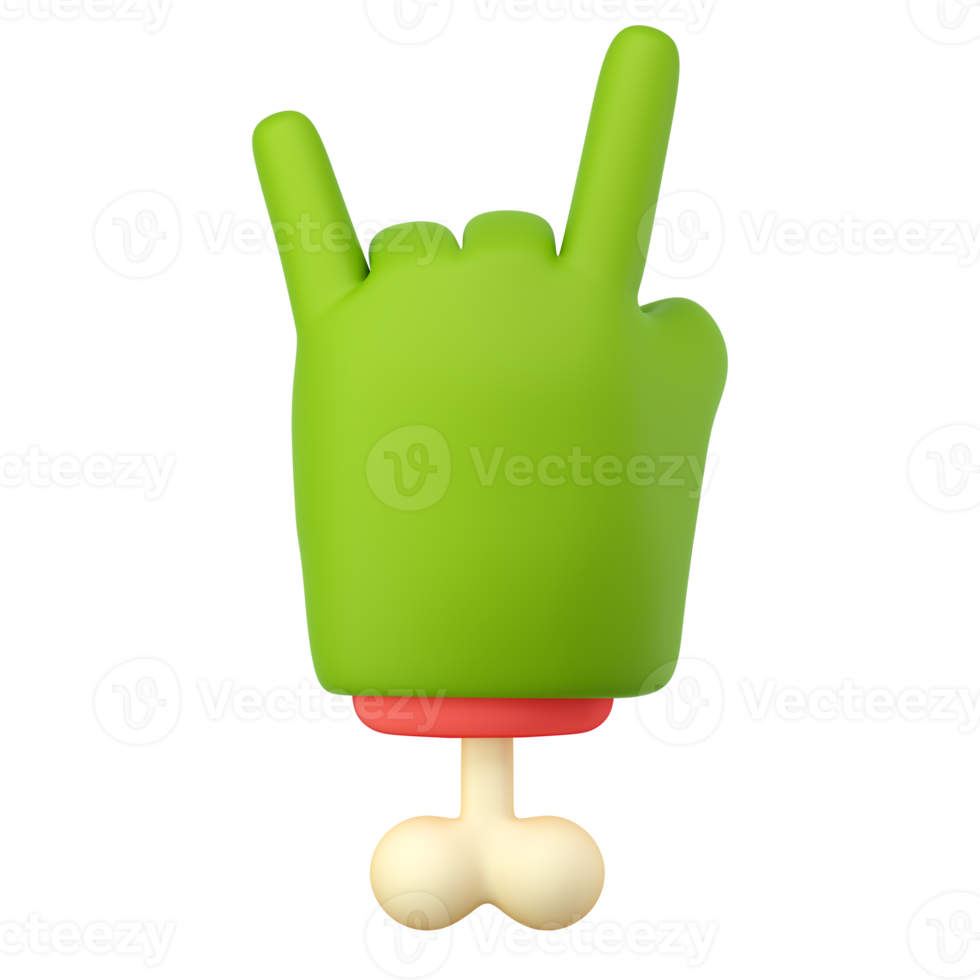 3d zombie hand in plastic cartoon style. Rock fingers gesture. Green monster Halloween character palm with bone. High quality isolated render png