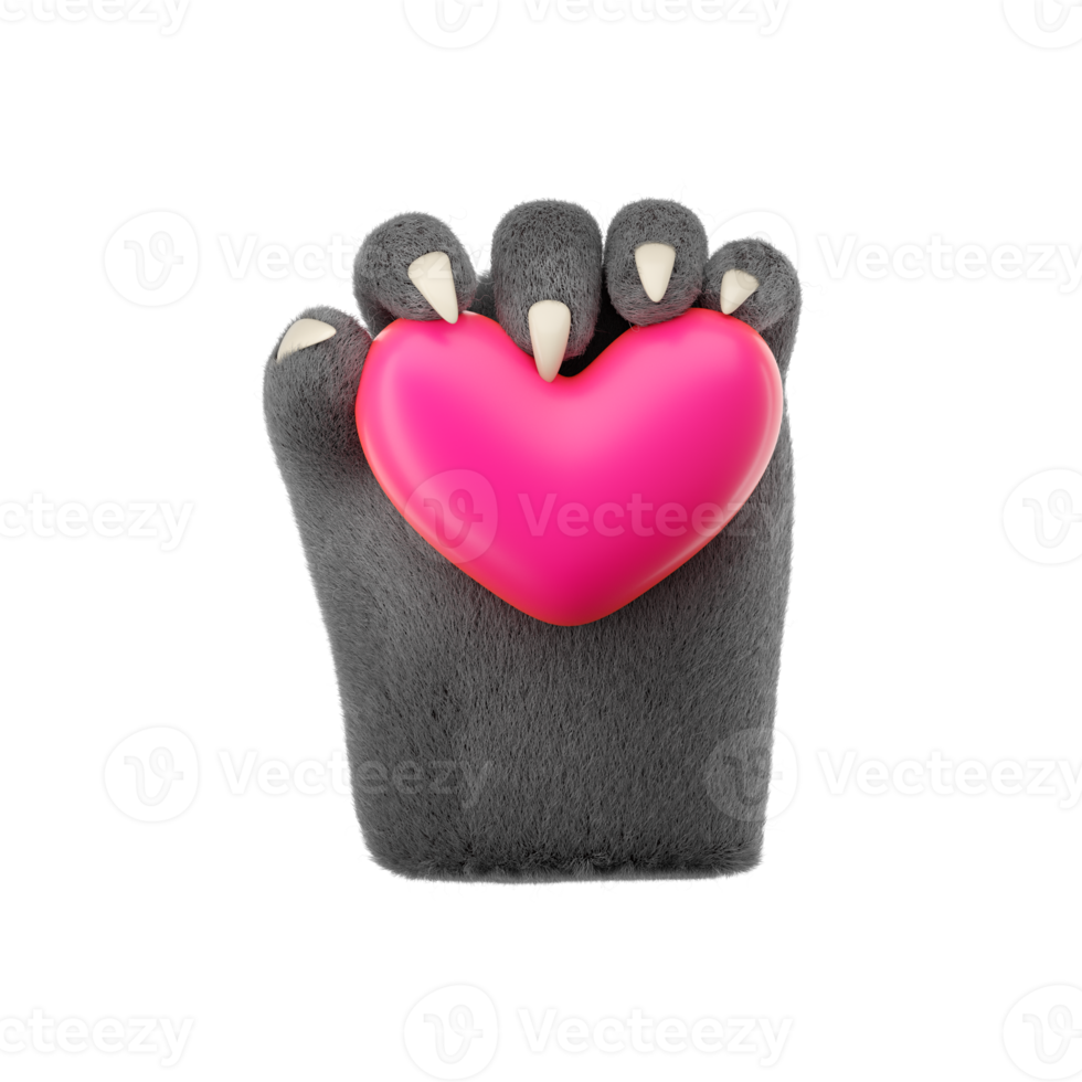 3d furry wolf hands holding heart in plastic cartoon style. Werewolf monster Halloween character palms. High quality isolated render png