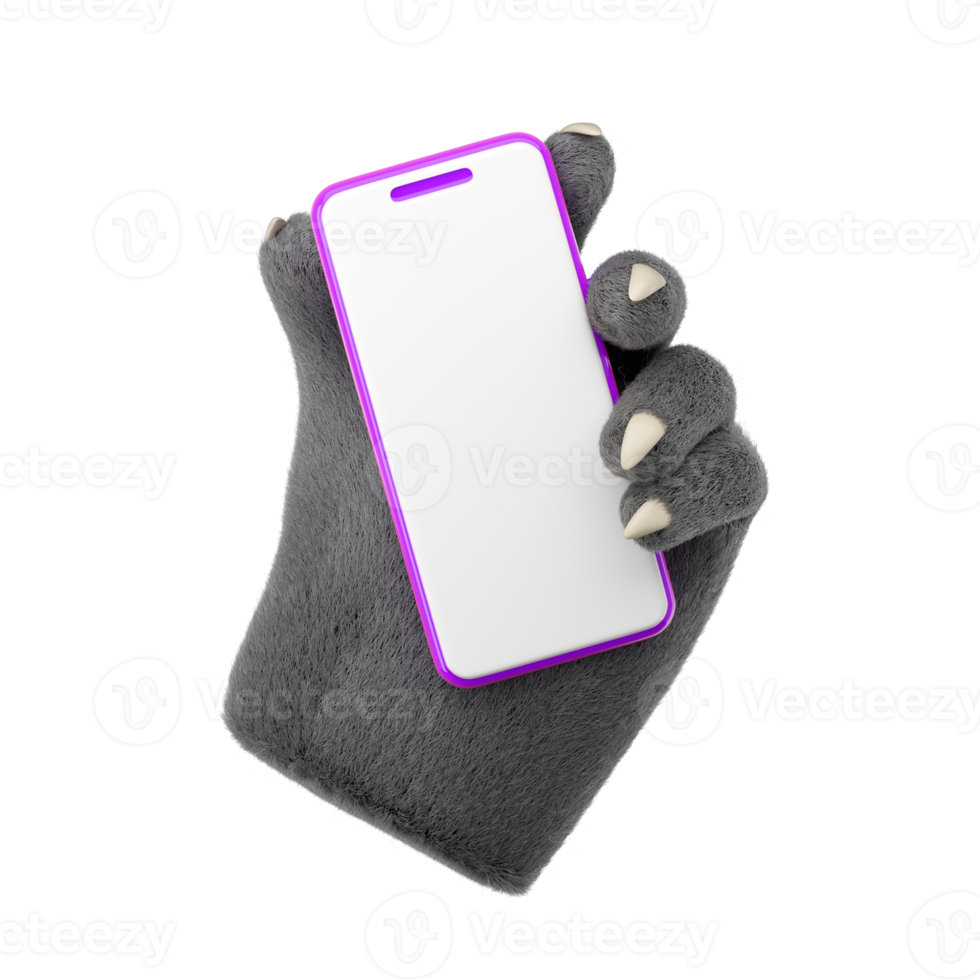 3d furry wolf hands holding mobile phone in plastic cartoon style. png