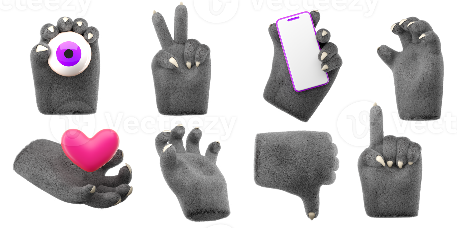 3d furry wolf hands set in plastic cartoon style. Different fingers  and palm gesture. Werewolf monster Halloween character palms. High quality isolated render png