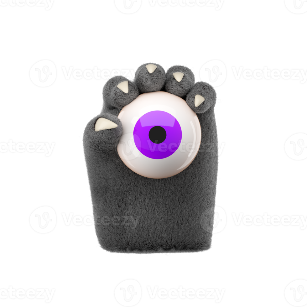 3d furry wolf hands holding eyeball in plastic cartoon style. Werewolf monster Halloween character palms. High quality isolated render png