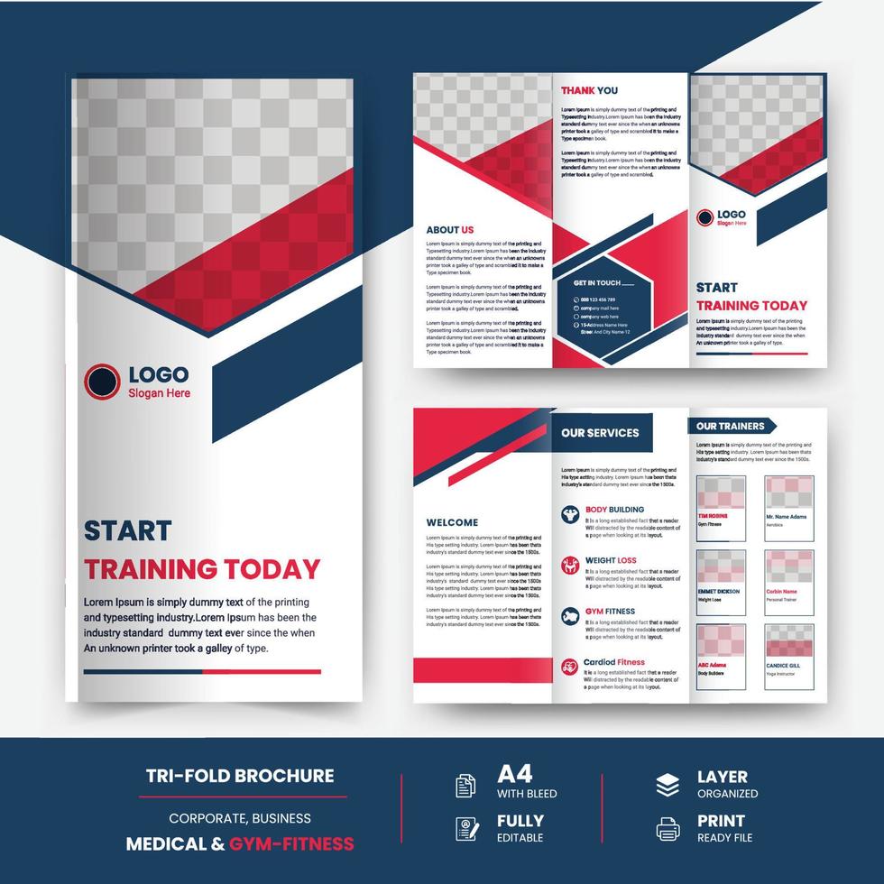 Gym tri-fold brochure design template, Fitness cover page, and brochure yoga flyer design template. vector