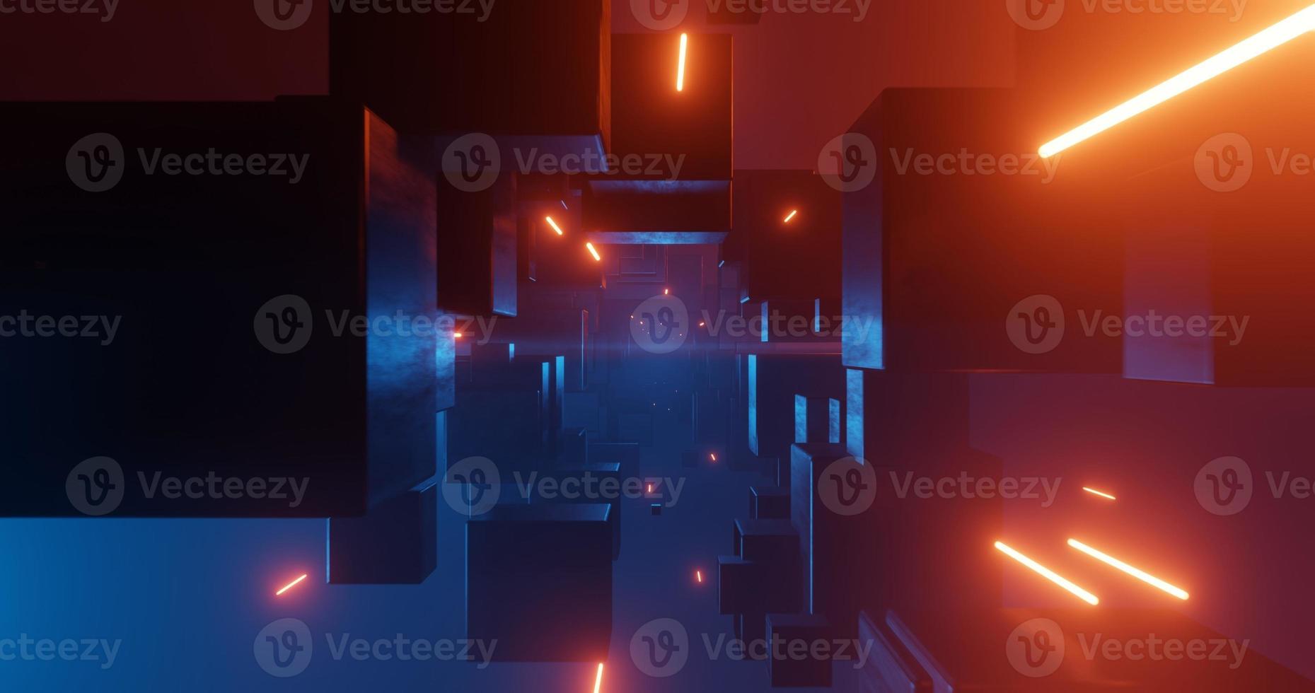 Abstract background using a fantasy environment theme with black metallic textured cube objects and red neon lights on the right, 3d rendering, and 4K size photo