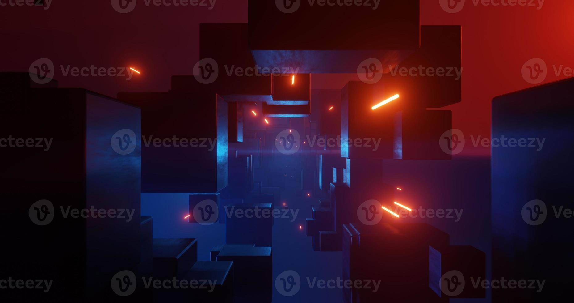 Abstract background using fantasy environment theme with metallic black textured cube object and red neon light in the center, 3d rendering and 4K size photo