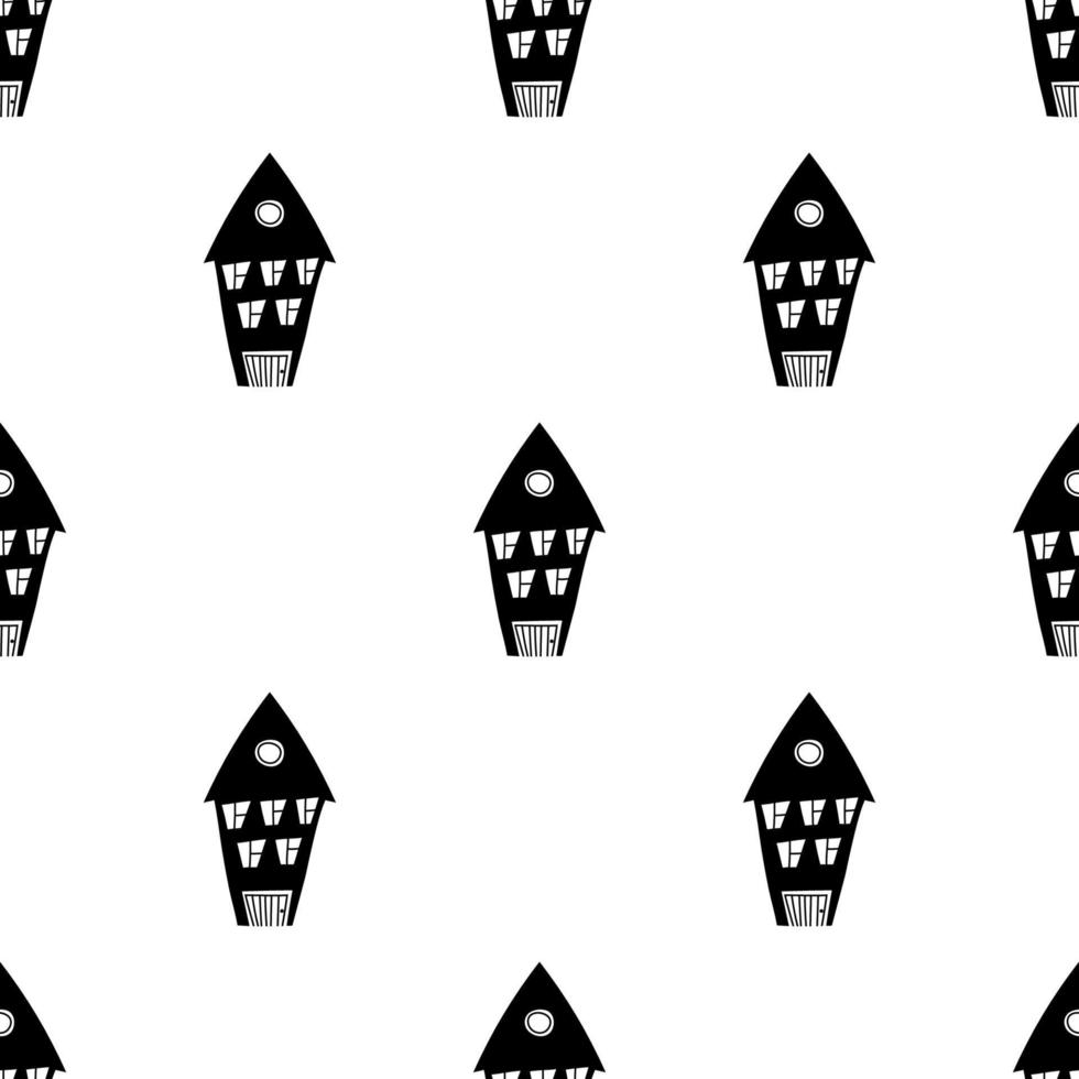 Doodle hand drawn pattern with houses in black and white style. Seamless line art buildings for kids, fabric, prints vector