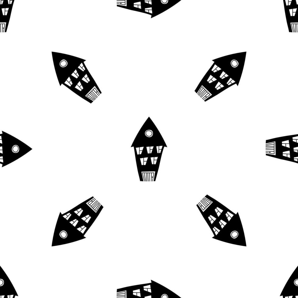 Hand drawn pattern with houses in line art style. Seamless doodle black and white buildings for kids, fabric, prints vector