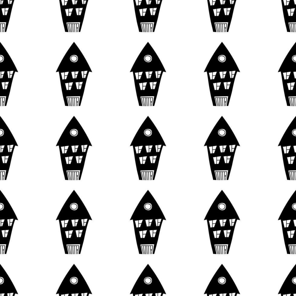 Pattern with houses in line art. Black Houses silhouette and outline seamless pattern with window and door. Endless print background texture. vector