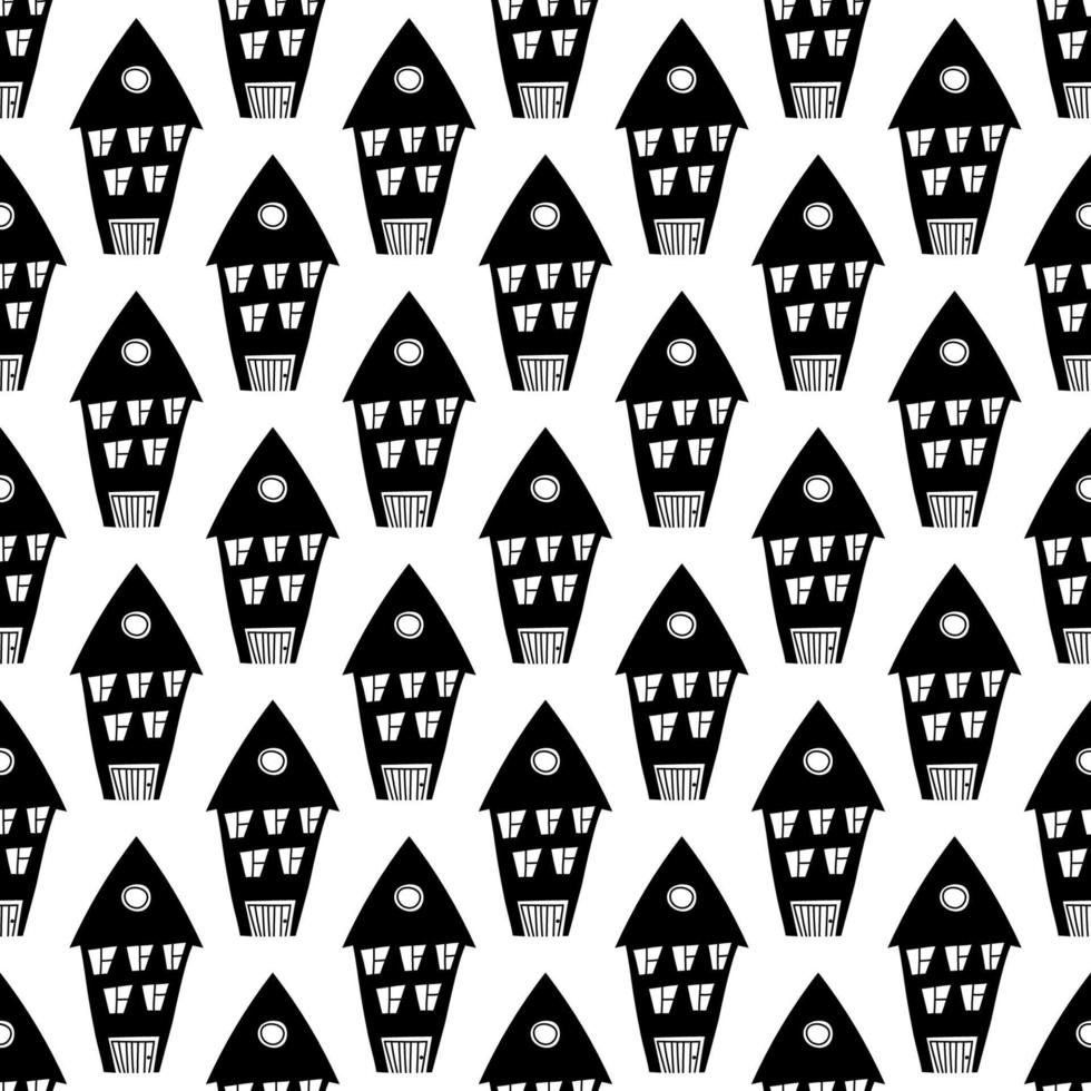 Cute pattern with doodle houses for kids print, fabric, postcards. Hand drawn buildings in black and white vector