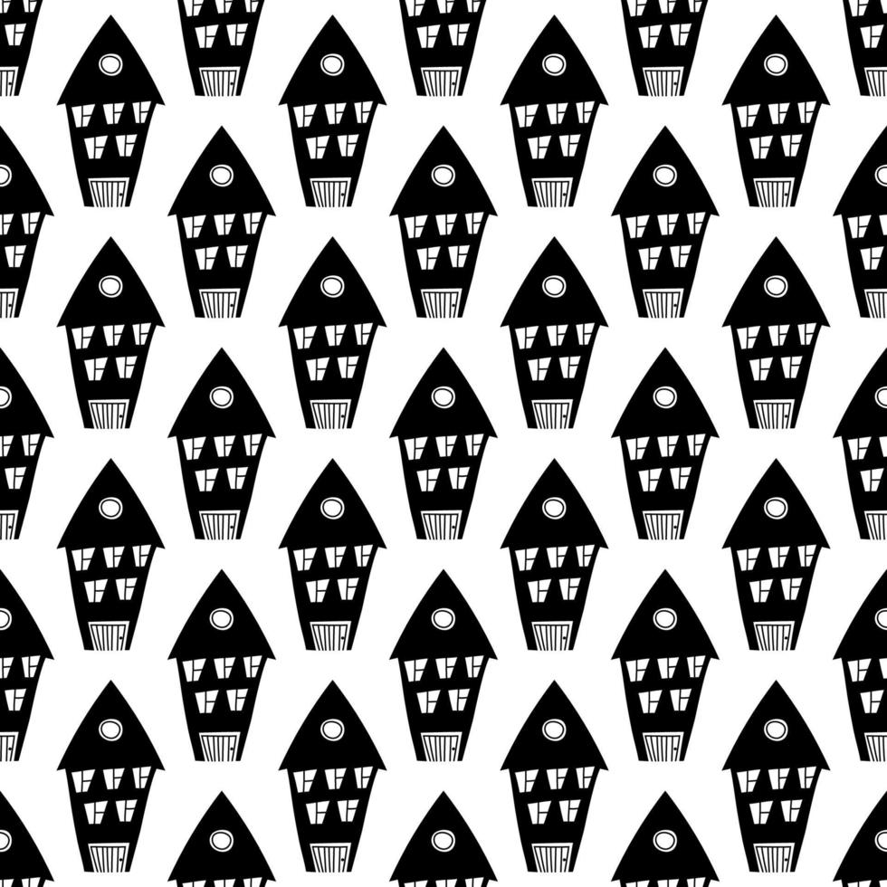 Cute pattern with doodle houses for kids print, fabric, postcards. Hand drawn buildings in black and white vector