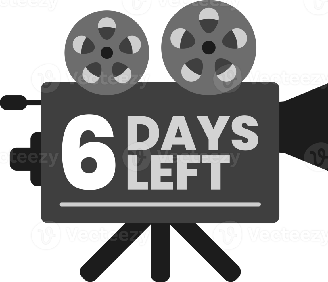 Faltan 6 días para la cuenta regresiva de la fecha de lanzamiento en el icono del proyector de película de película clásica antigua monocromática png