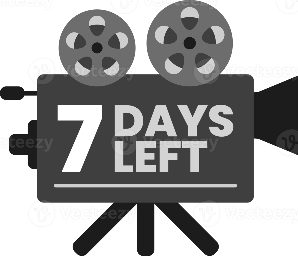 7 days left launching countdown on monochrome old classic movie film projector icon png