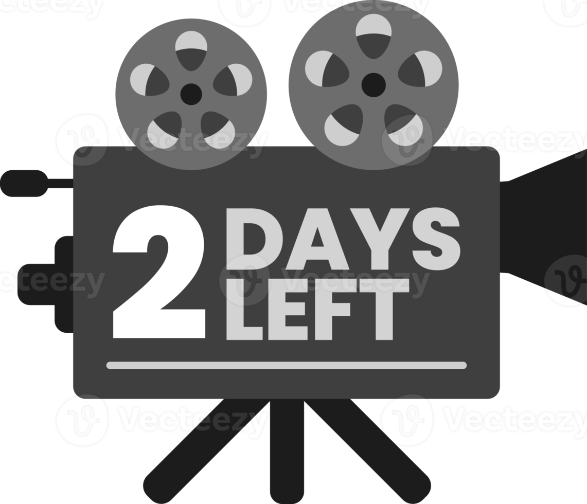 Faltan 2 días de cuenta regresiva en el icono del proyector de película de película clásica antigua monocromática png