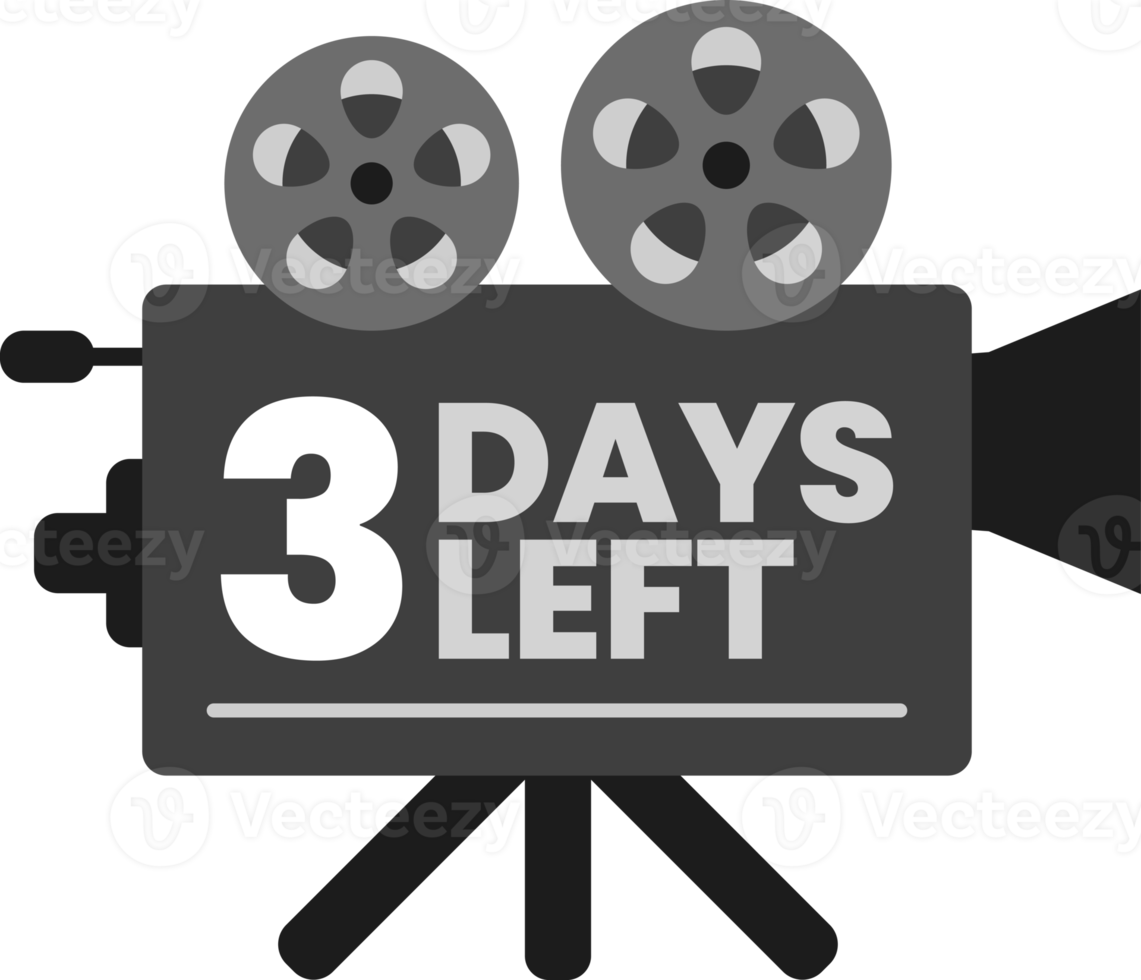 3 days left countdown on monochrome old classic movie film projector icon png