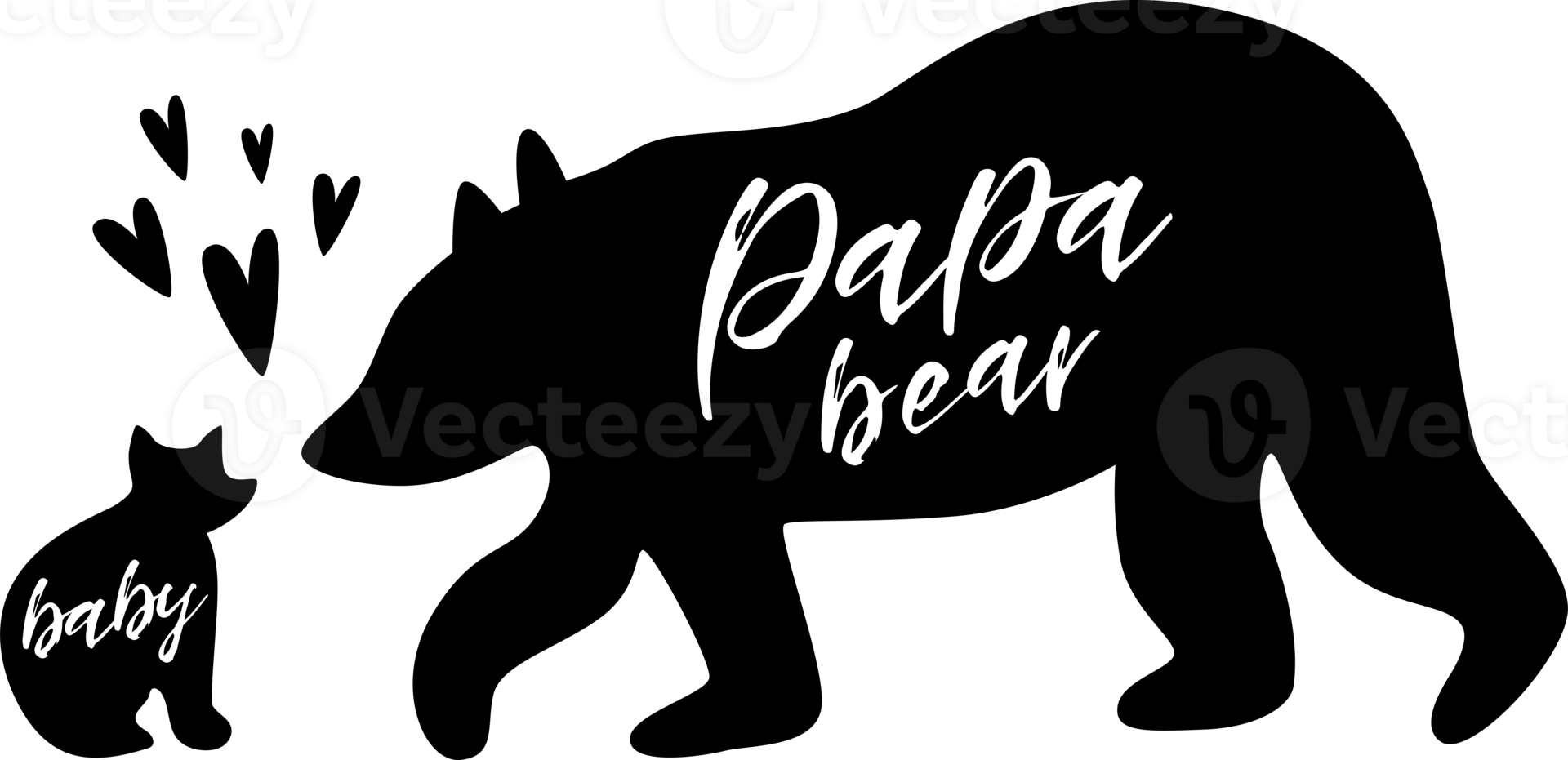 PNG, transparent, Baby and father bear. Papa bear. Black baby bear silhouette for Farther's day card. Bear family print. Poster for Dad. Romantic illustration isolated on white. Hand drawn png