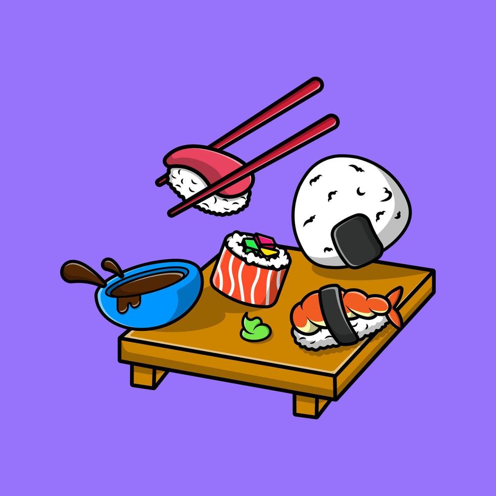 Sushi And Onigiri With Chopstick Cartoon Vector Icons Illustration. Flat Cartoon Concept. Suitable for any creative project.