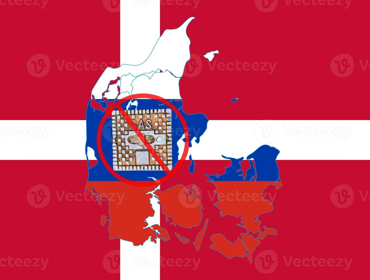 Outline map of Denmark with the image of the national flag. Manhole cover of the gas pipeline system on the flag of Russia inside the map. Collage. Energy crisis. photo