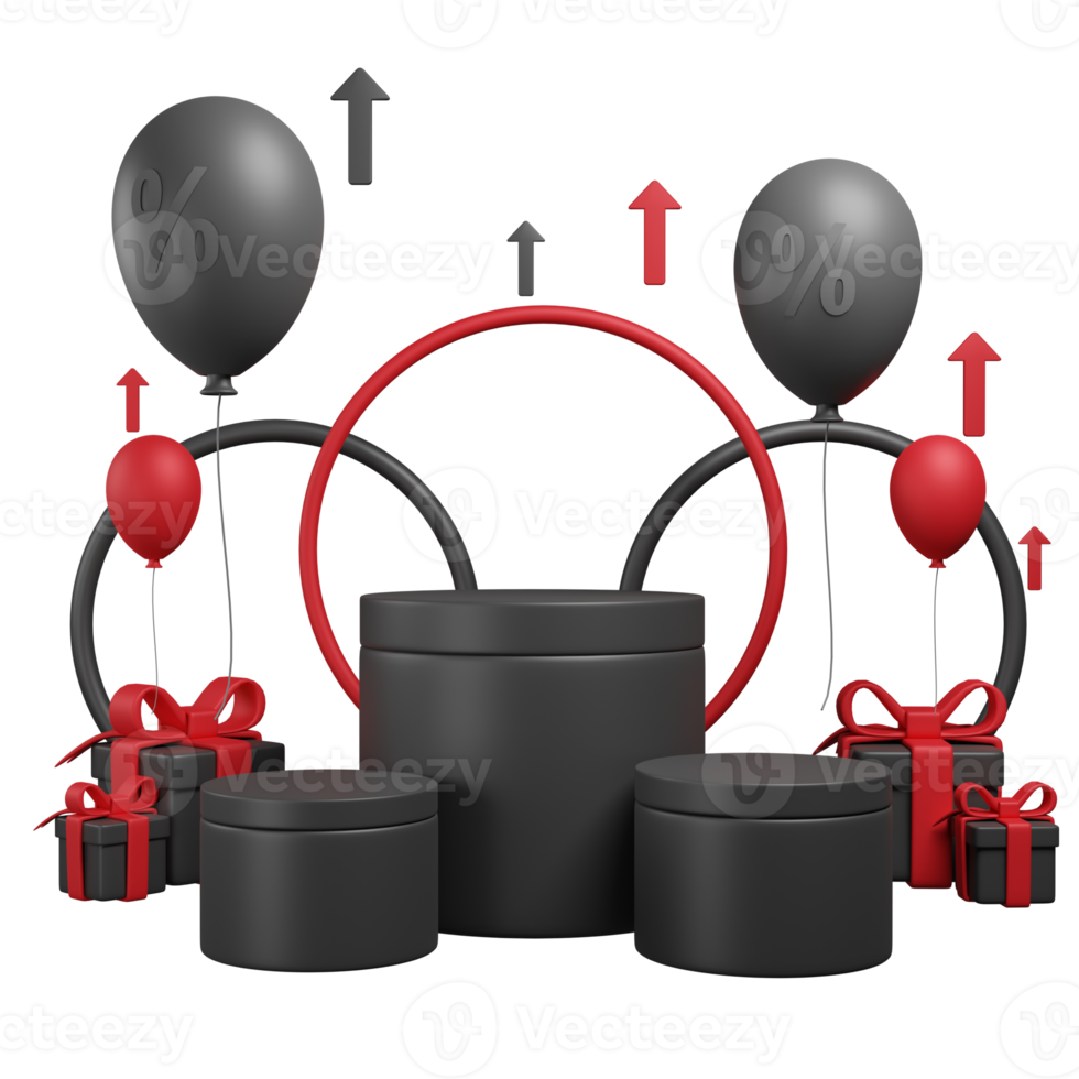 Black friday concept. Realistic 3d design stage podium, round studio, ballons, percent label discount. Creative marketing concept. png