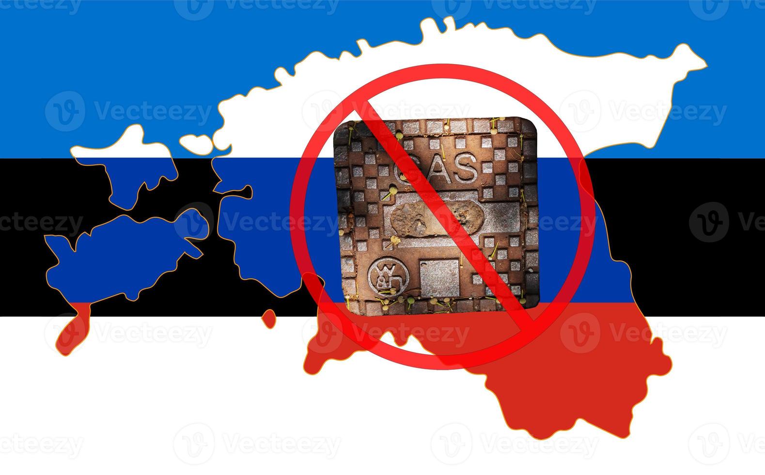 Outline map of Estonia with the image of the national flag. Manhole cover of the gas pipeline system on the flag of Russia inside the map. Collage. Energy crisis. photo