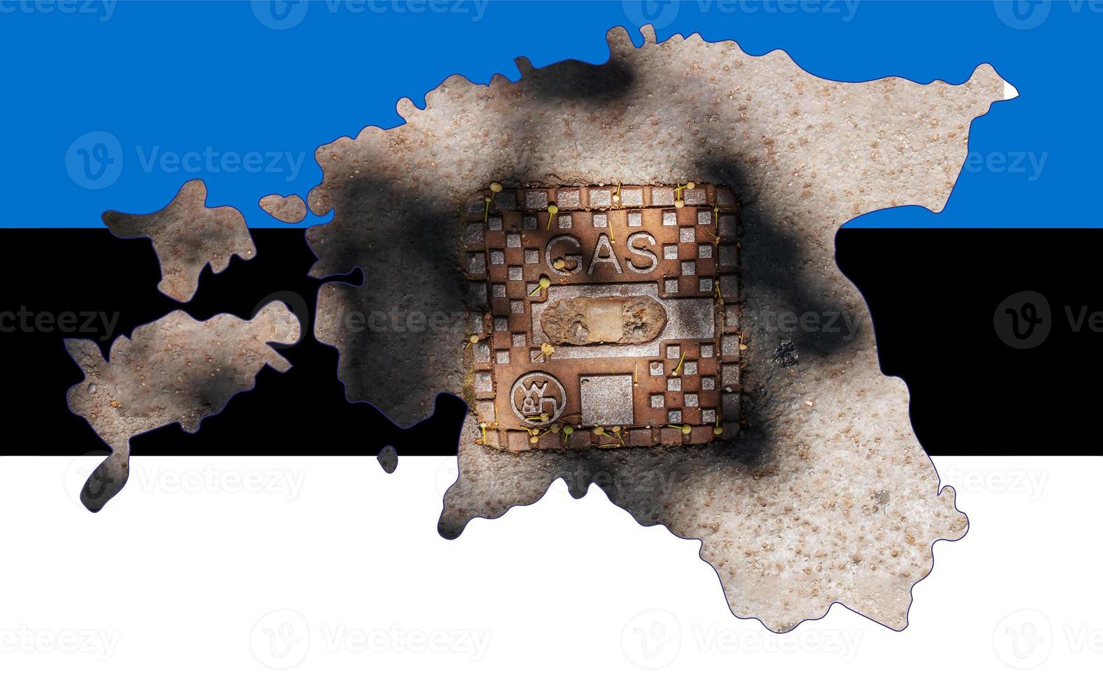 Outline map of Estonia with the image of the national flag. Manhole cover of the gas pipeline system inside the map. Collage. Energy crisis. photo