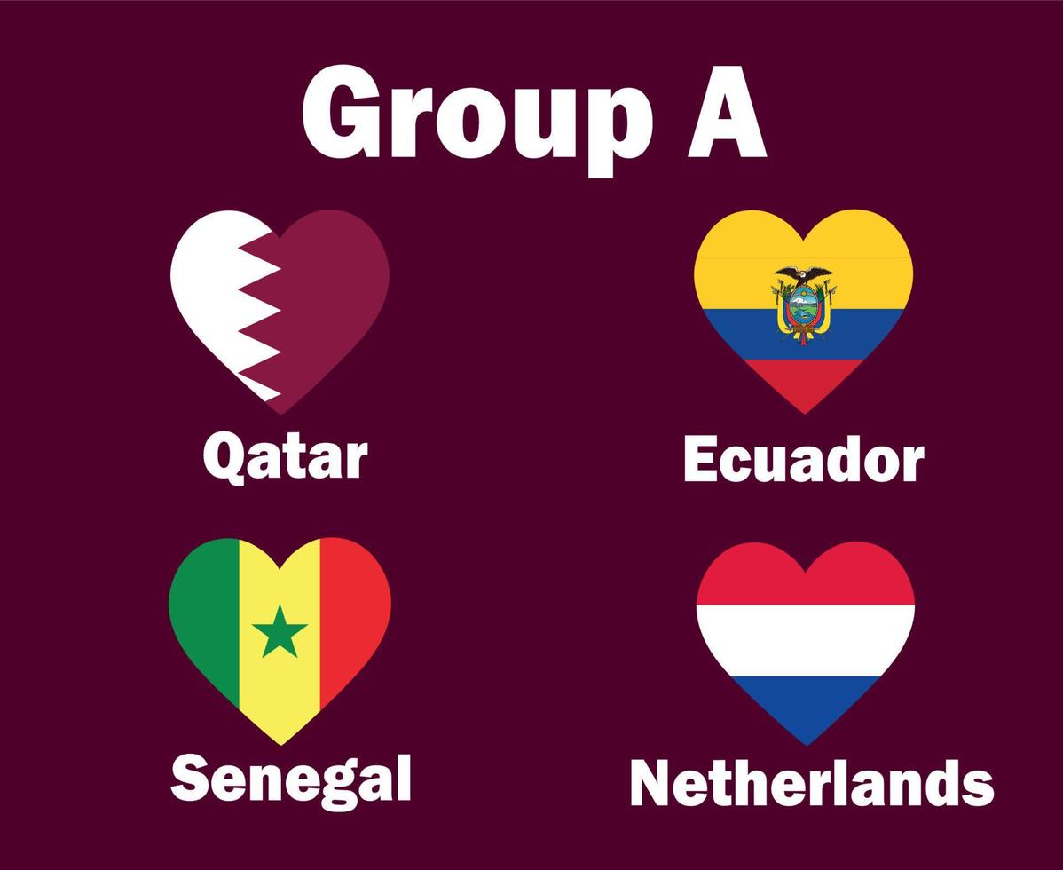 Netherlands Qatar Ecuador And Senegal Flag Heart Group A With Countries Names Symbol Design football Final Vector Countries Football Teams Illustration