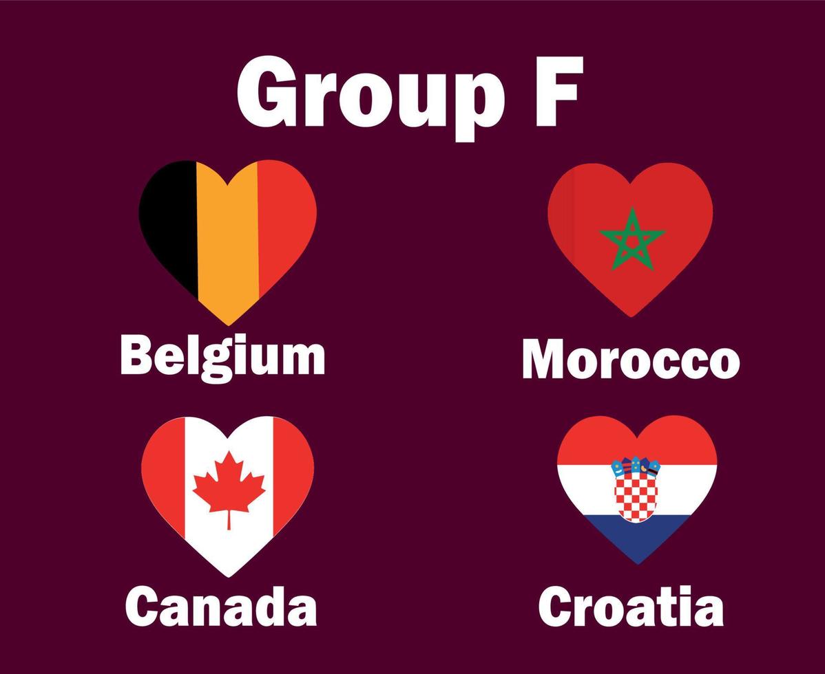 bélgica canadá croacia y marruecos bandera corazón grupo f con países nombres símbolo diseño fútbol final vector países equipos de fútbol ilustración