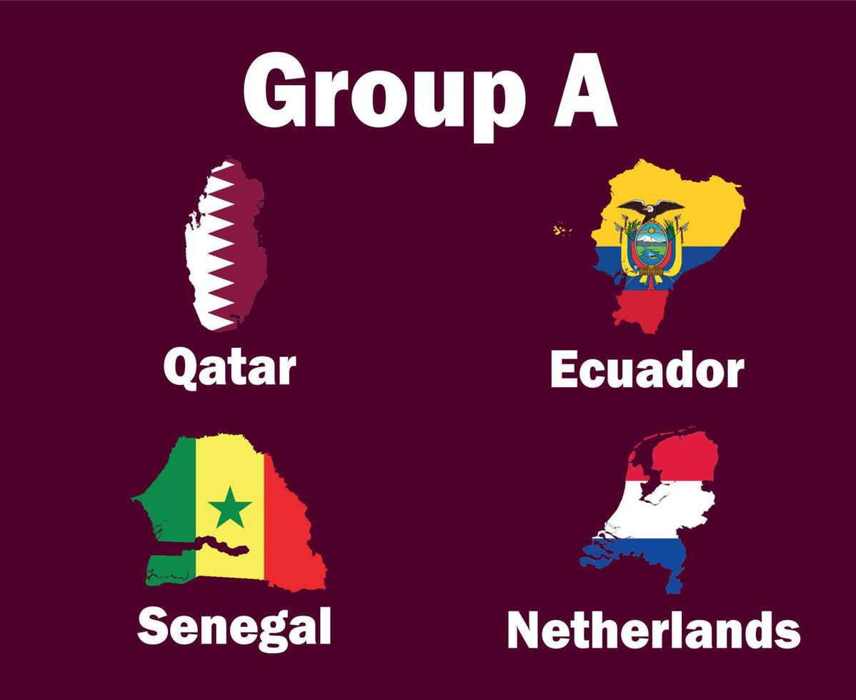Netherlands Qatar Ecuador And Senegal Map Flag Group A With Countries Names Symbol Design football Final Vector Countries Football Teams Illustration