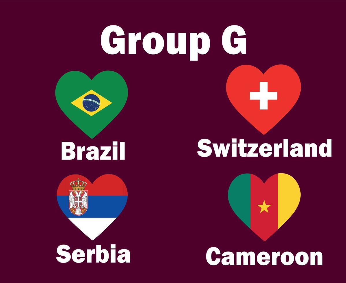 suiza brasil serbia y camerún bandera corazón grupo g con países nombres símbolo diseño fútbol final vector países fútbol equipos ilustración