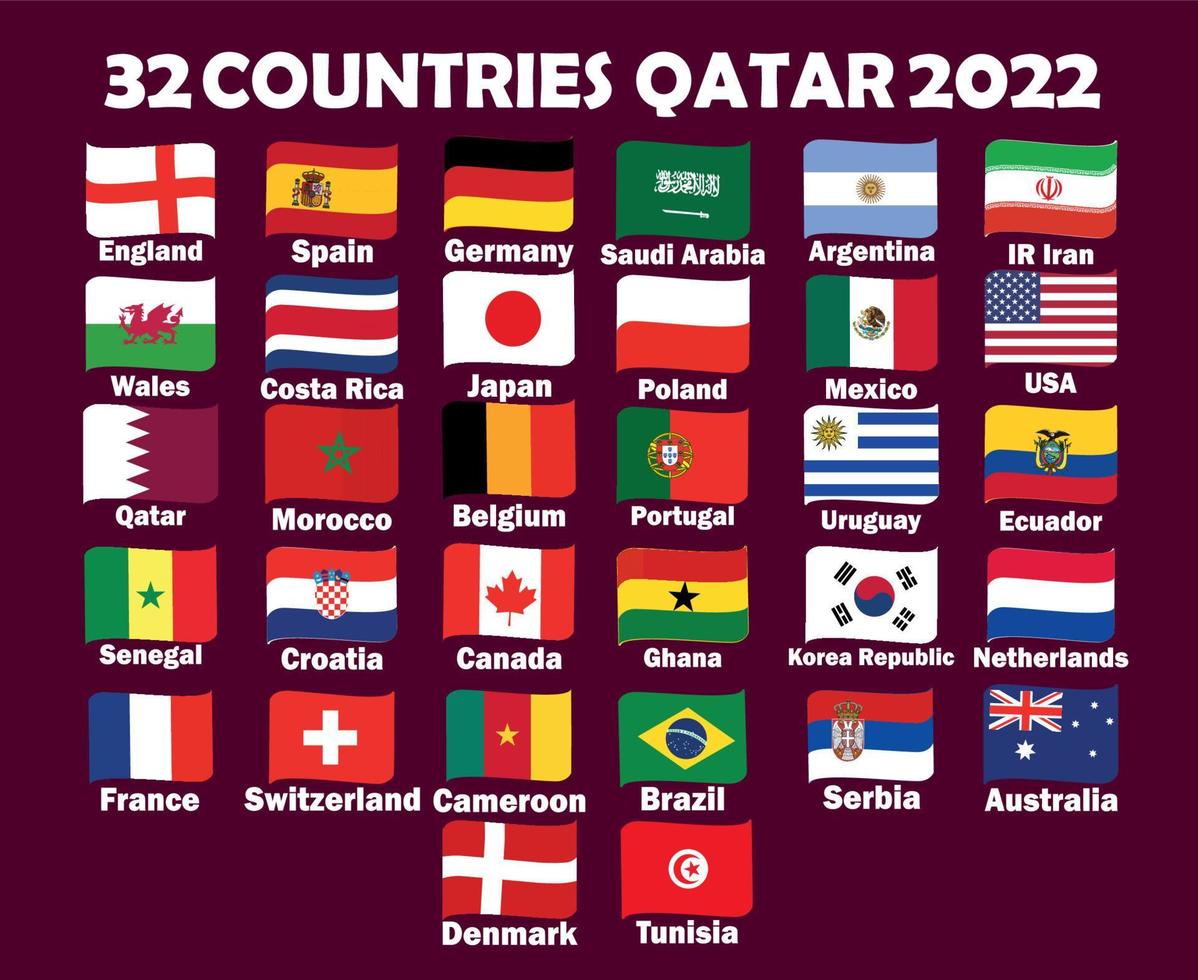 Cinta de bandera de 32 países con diseño de símbolo de nombres Ilustración de equipos de fútbol de países de vector final de fútbol